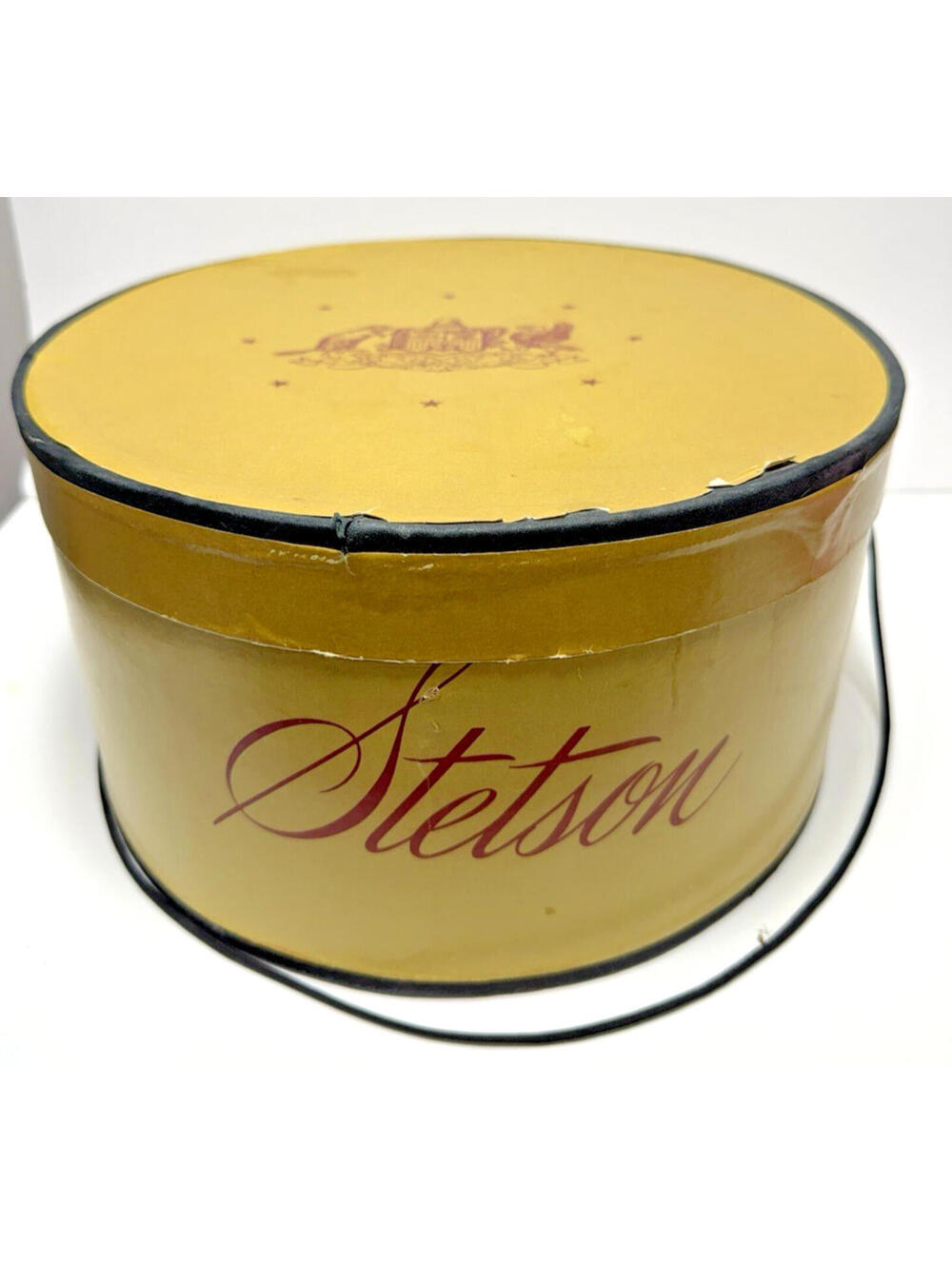 Vtg Original Stetson Hat Box ONLY Empty Oval Yellow Decor Red Lettering